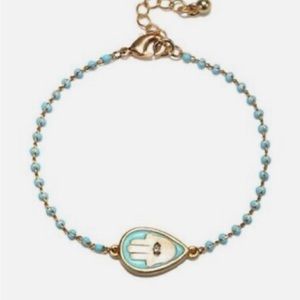 Capwell + Co Womens Calming Aqua Beaded Gold Tone Hamsa Hand Bracelet New